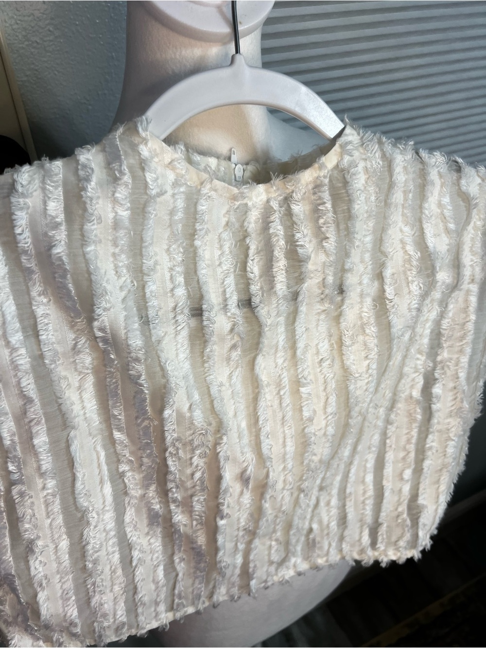 Rangel Chloe Top Ivory Large Sheer And Fur Stripes Zipper Crop Top - Picture 8 of 12